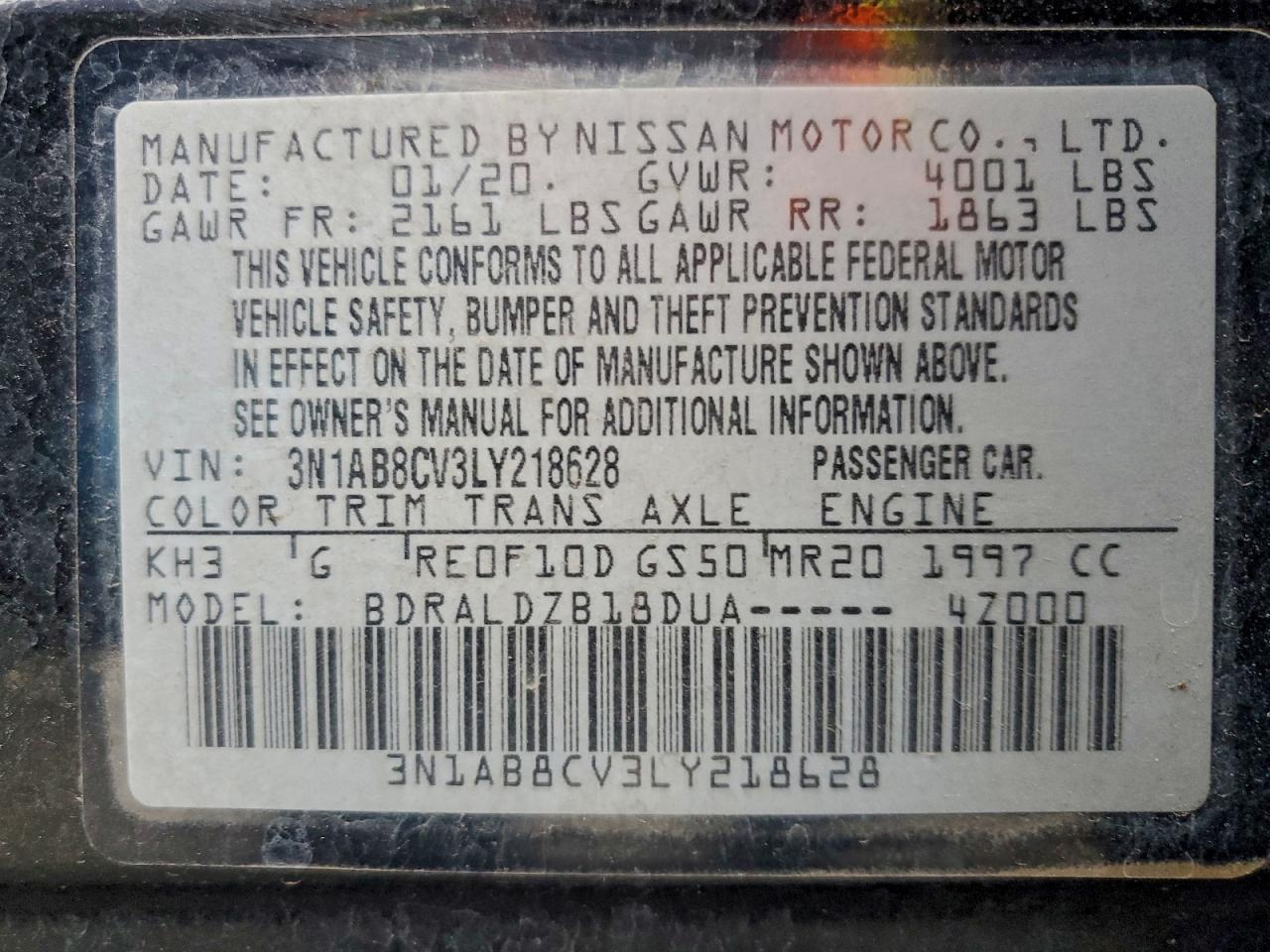 2020 Nissan Sentra Sv VIN: 3N1AB8CV3LY218628 Lot: 95006305