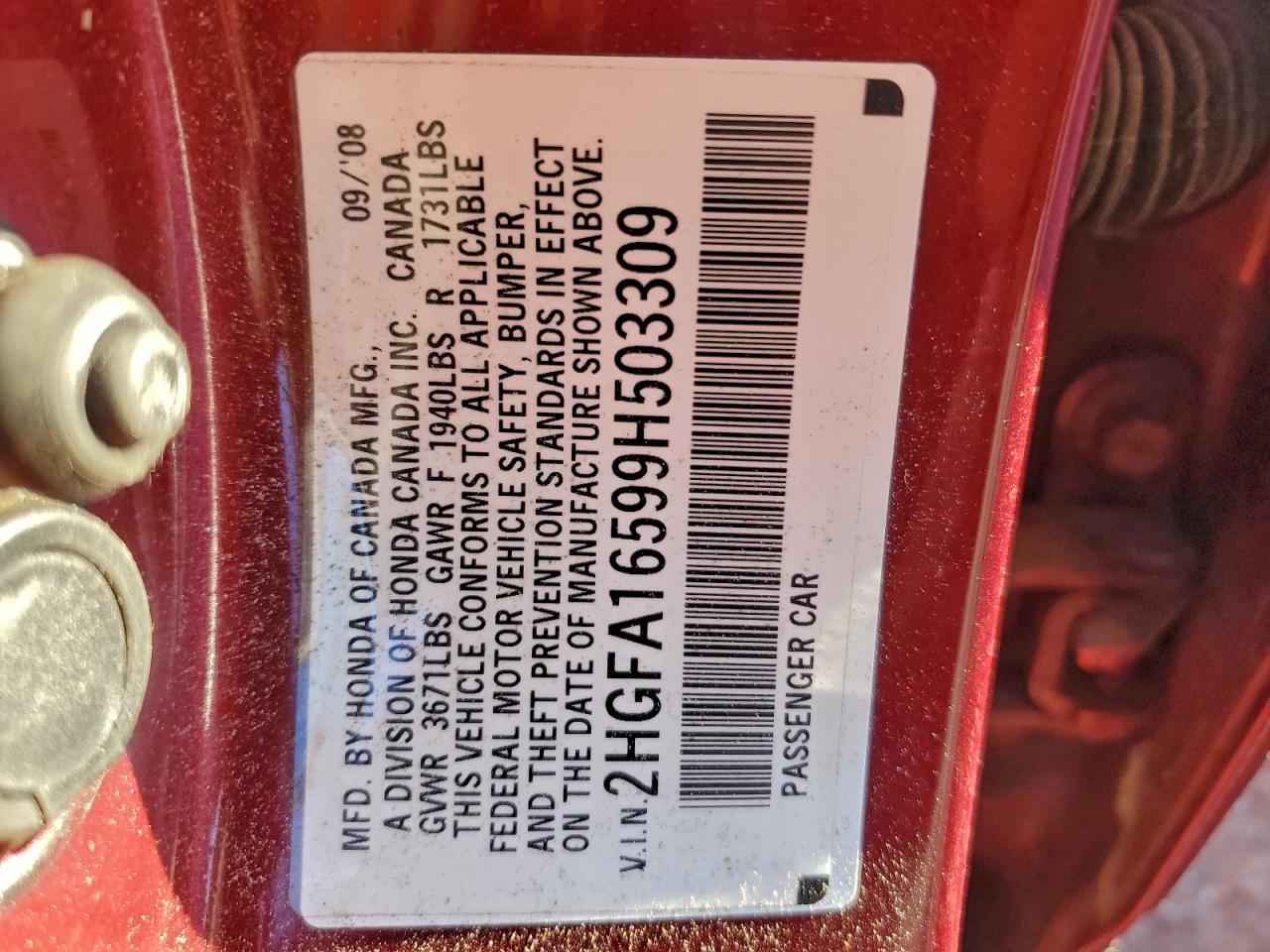 2009 Honda Civic Lx VIN: 2HGFA16599H503309 Lot: 94227405