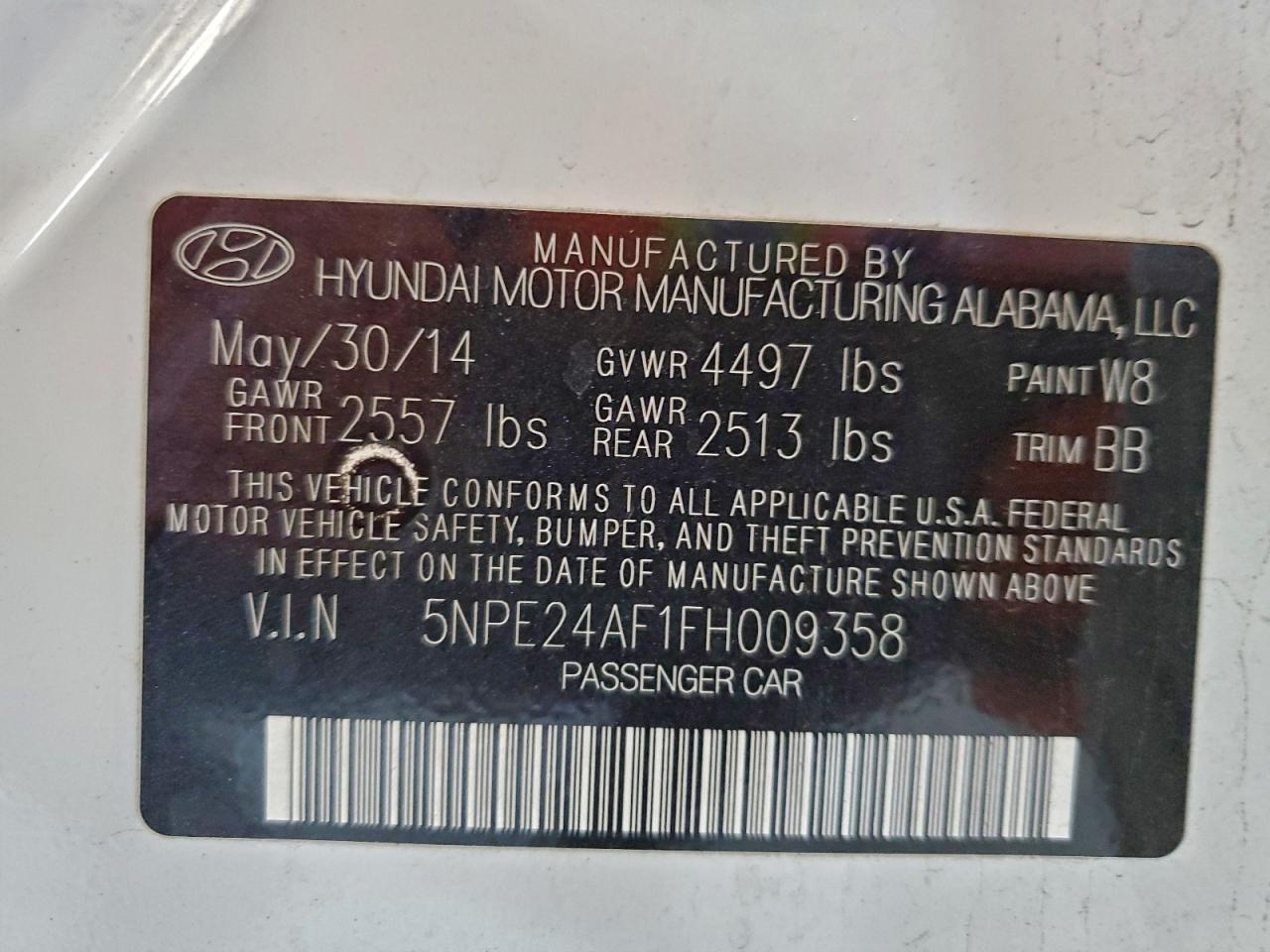 2015 Hyundai Sonata Se VIN: 5NPE24AF1FH009358 Lot: 97039975