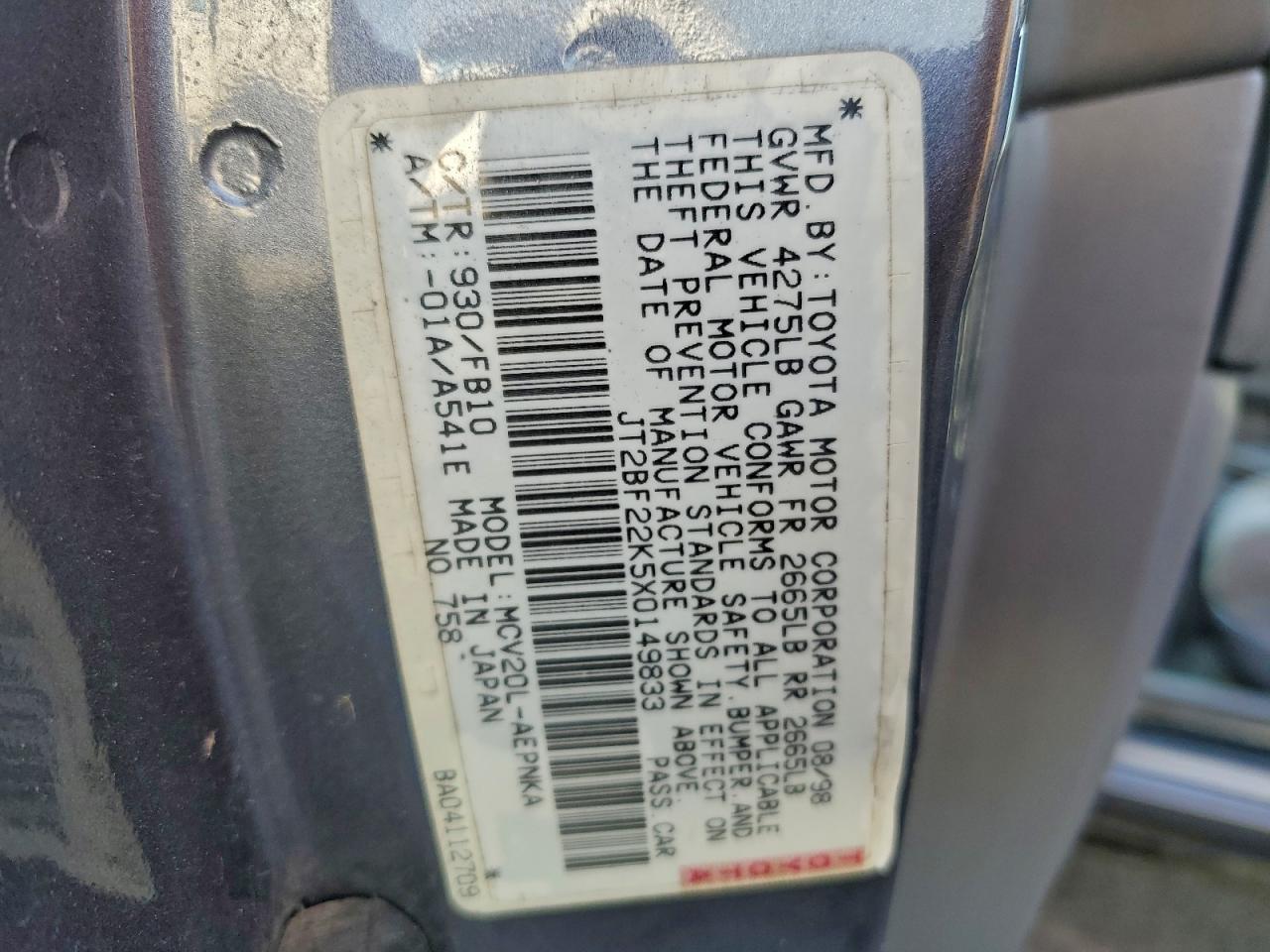 1999 Toyota Camry Le VIN: JT2BF22K5X0149833 Lot: 94471255