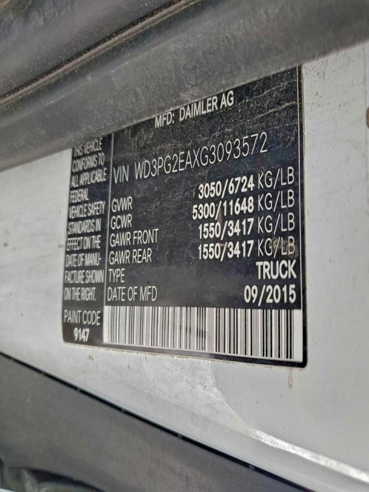 2016 Mercedes Benz Metris Delivery Van VIN: WD3PG2EAXG3093572 Lot: 95645905