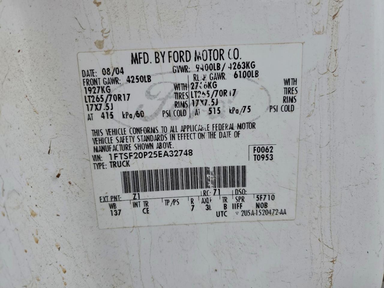 2005 Ford F250 Super Duty VIN: 1FTSF20P25EA32748 Lot: 95071585