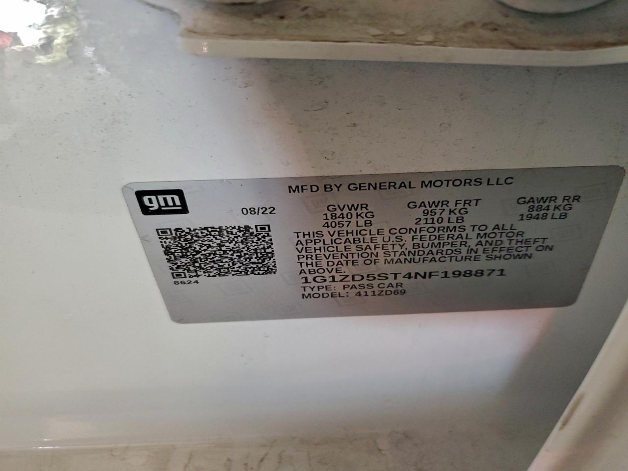 2022 Chevrolet Malibu Lt VIN: 1G1ZD5ST4NF198871 Lot: 95519345