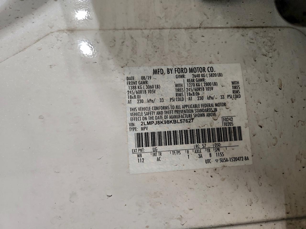 2019 Lincoln Nautilus Select VIN: 2LMPJ8K98KBL57627 Lot: 93535145