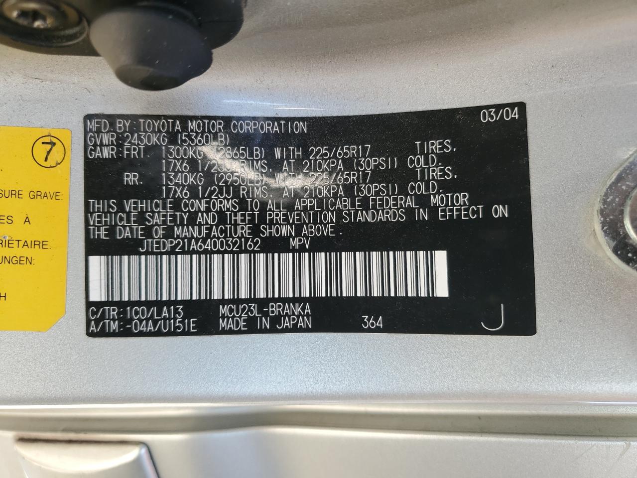 2004 Toyota Highlander Base VIN: JTEDP21A640032162 Lot: 95905875