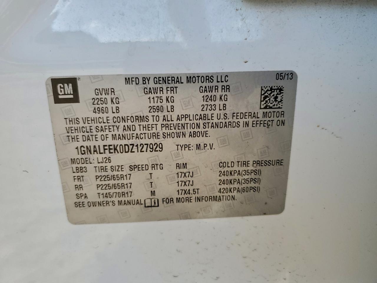 2013 Chevrolet Equinox Ltz VIN: 1GNALFEK0DZ127929 Lot: 97003335