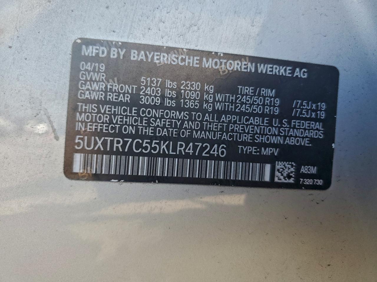 2019 BMW X3 Sdrive30I VIN: 5UXTR7C55KLR47246 Lot: 95418925