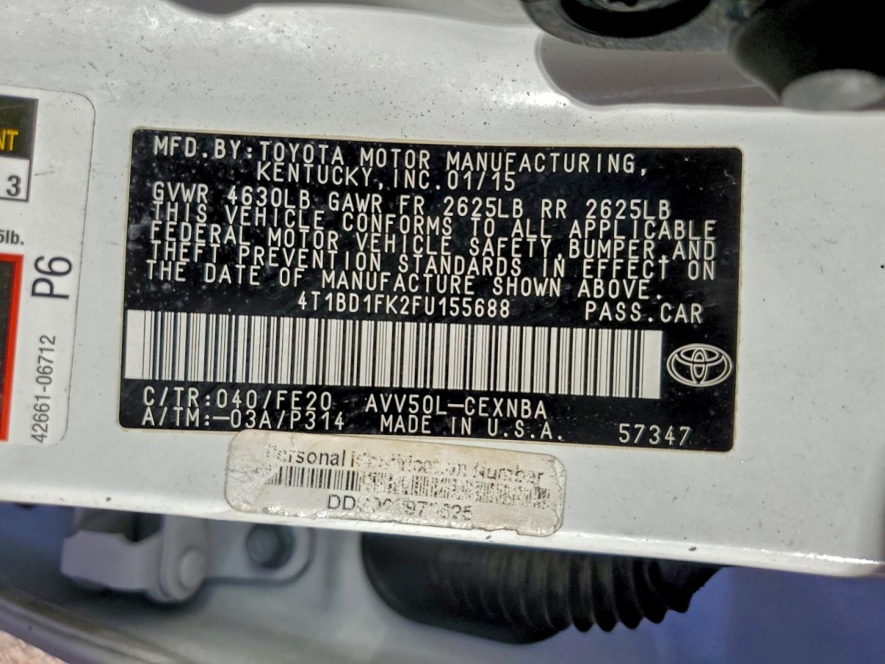 2015 Toyota Camry Hybrid VIN: 4T1BD1FK2FU155688 Lot: 96890755