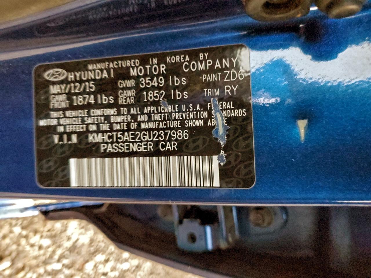 2016 Hyundai Accent Se VIN: KMHCT5AE2GU237986 Lot: 95994345