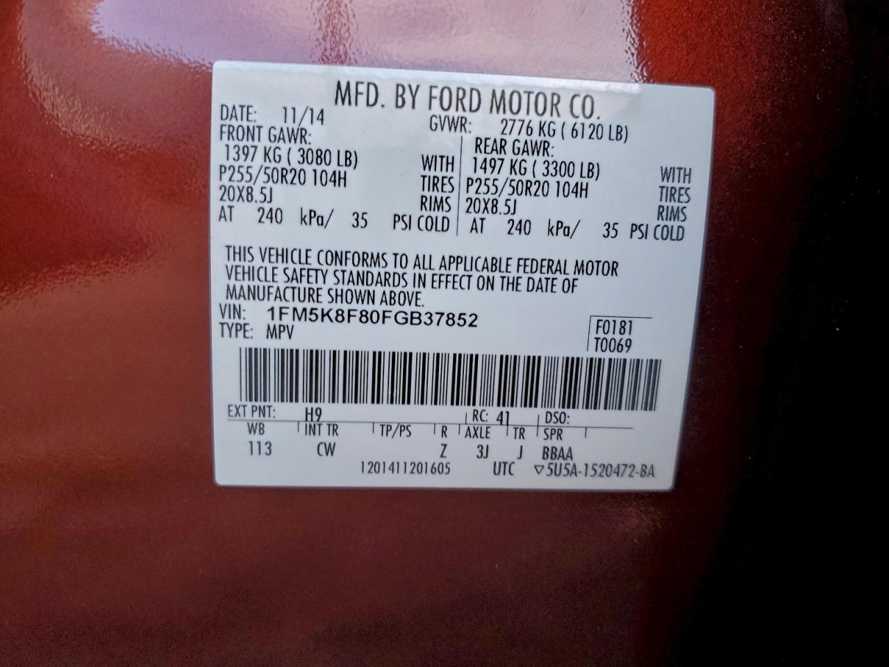 2015 Ford Explorer Limited VIN: 1FM5K8F80FGB37852 Lot: 94965565