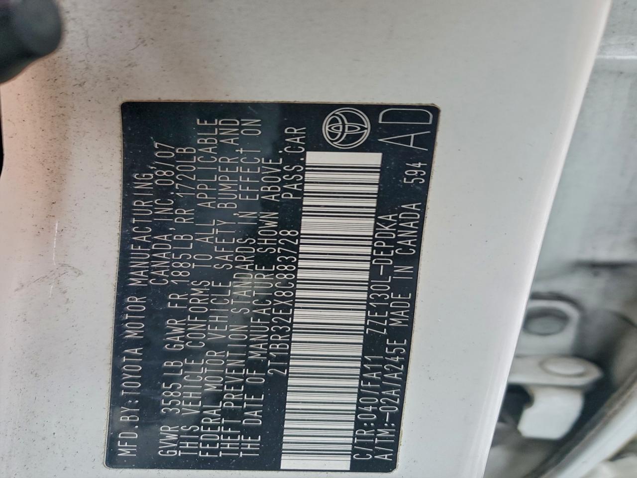 2008 Toyota Corolla Ce VIN: 2T1BR32EX8C883728 Lot: 95483605