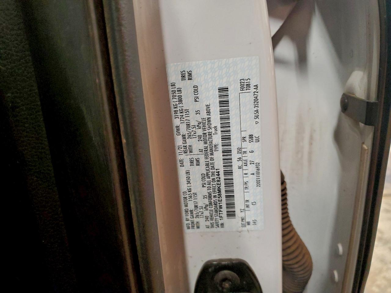 2021 Ford F150 Supercrew VIN: 1FTFW1E58MKE82441 Lot: 94531365