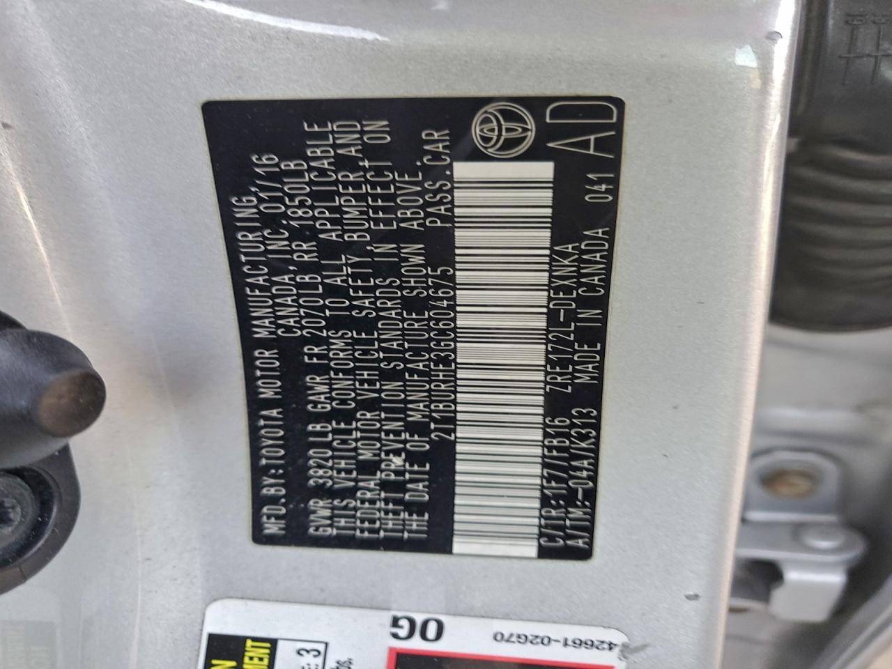 2016 Toyota Corolla L VIN: 2T1BURHE3GC604675 Lot: 94567655