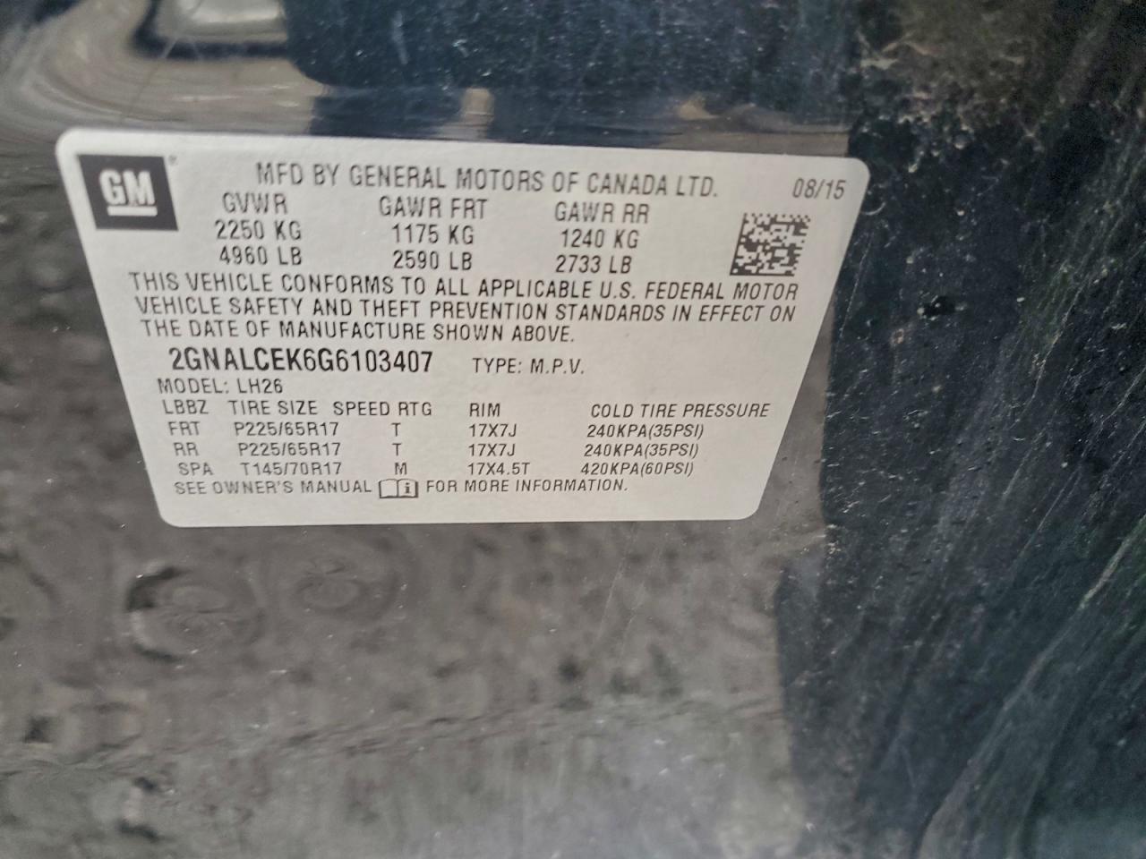 2016 Chevrolet Equinox Lt VIN: 2GNALCEK6G6103407 Lot: 94940345