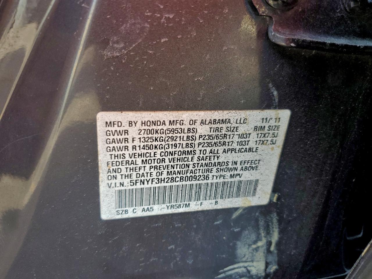 2012 Honda Pilot Lx VIN: 5FNYF3H28CB009236 Lot: 92760425