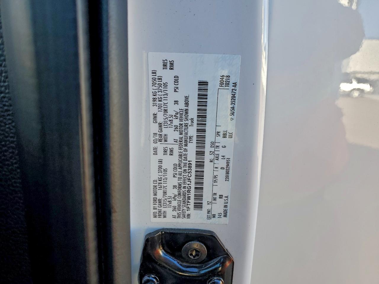 2018 Ford F150 Raptor VIN: 1FTFW1RG1JFC53891 Lot: 94582155