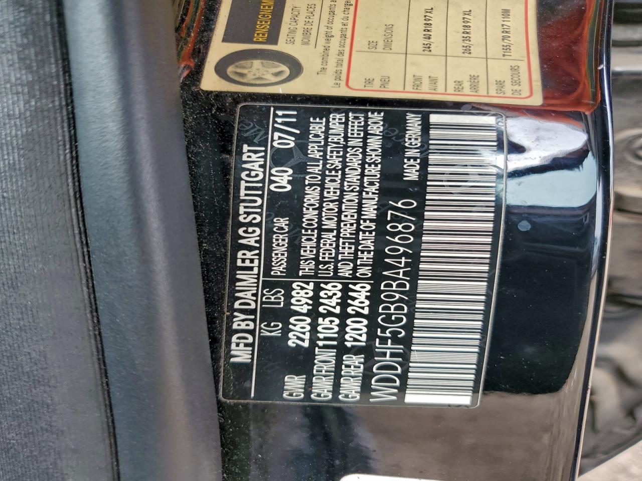 2011 Mercedes-Benz E 350 VIN: WDDHF5GB9BA496876 Lot: 96800705