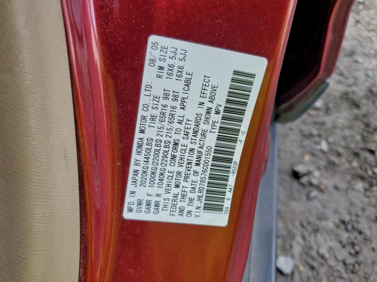 2006 Honda Cr-V Lx VIN: JHLRD78576C001550 Lot: 95917235