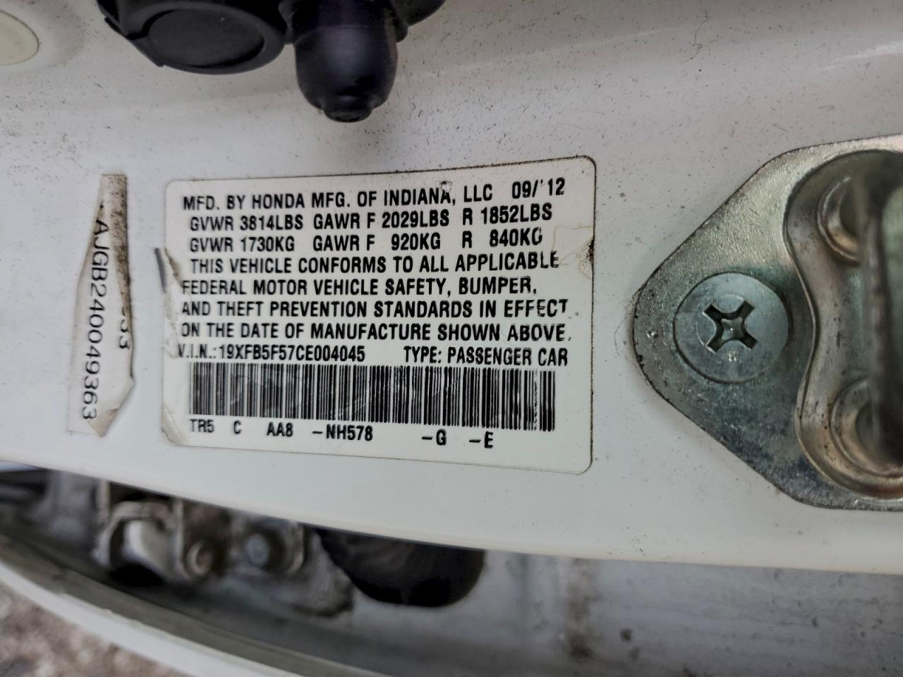 2012 Honda Civic Natural Gas VIN: 19XFB5F57CE004045 Lot: 96624815