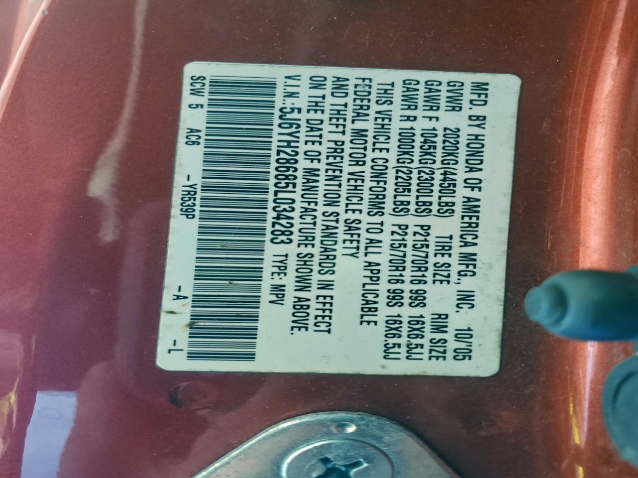 2005 Honda Element Ex VIN: 5J6YH28685L034283 Lot: 96270875