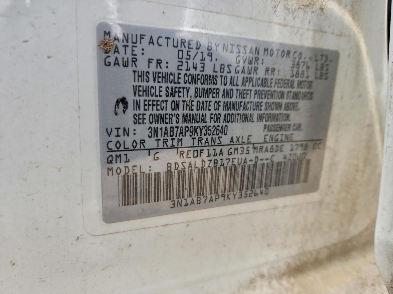 2019 Nissan Sentra S VIN: 3N1AB7AP9KY352640 Lot: 94495895