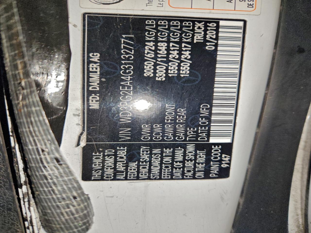 2016 Mercedes-Benz Metris VIN: WD3PG2EA4G3132771 Lot: 95941635