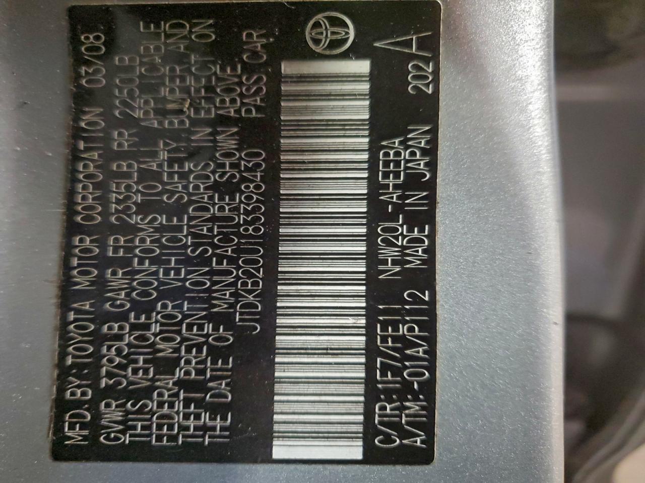 2008 Toyota Prius VIN: JTDKB20U183398430 Lot: 94944205