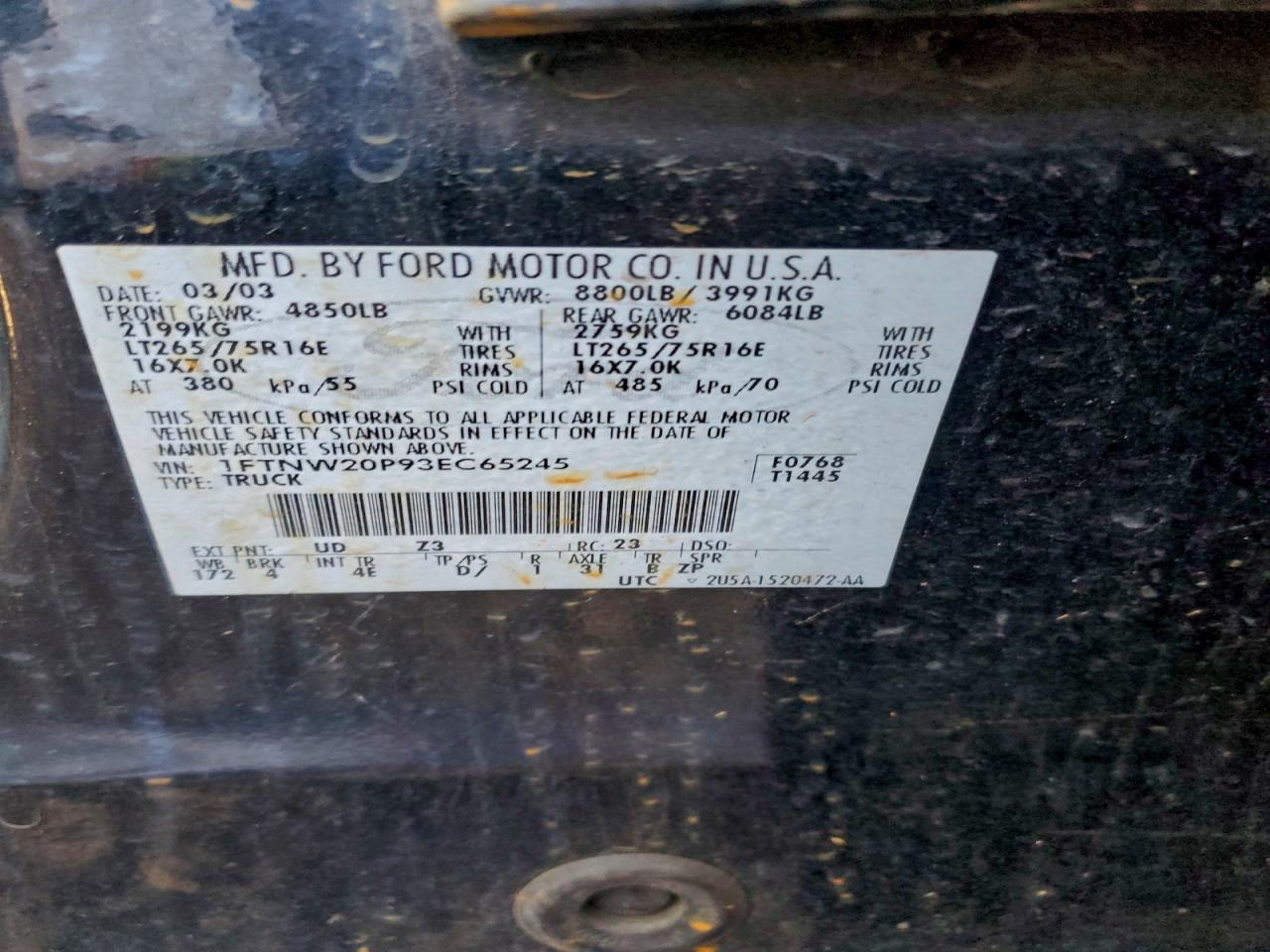 2003 Ford F250 Super Duty VIN: 1FTNW20P93EC65245 Lot: 97225415