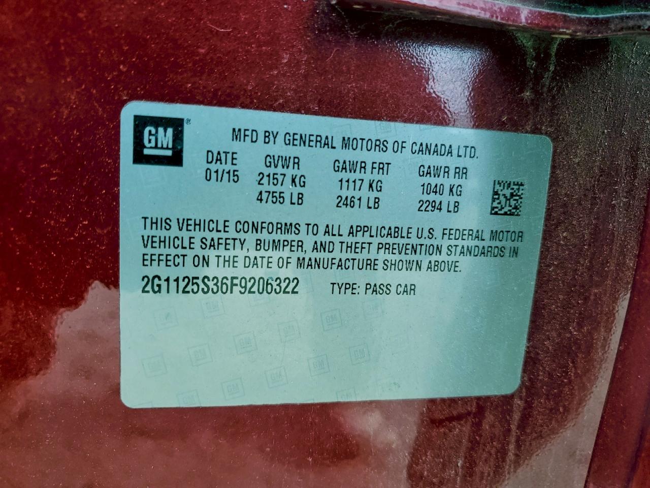 2015 Chevrolet Impala Lt VIN: 2G1125S36F9206322 Lot: 95999255