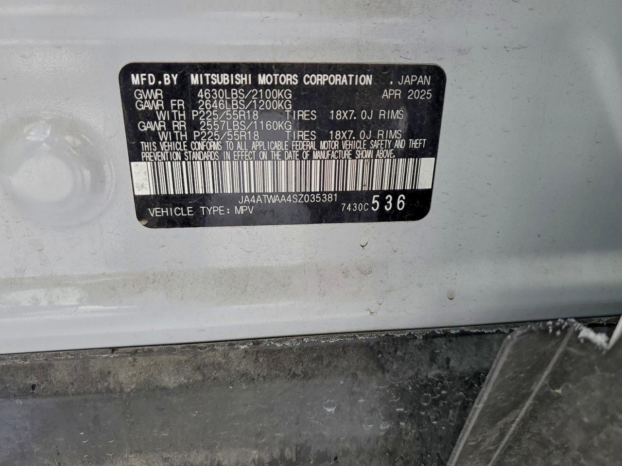 2025 Mitsubishi Eclipse Cross Se VIN: JA4ATWAA4SZ035381 Lot: 96722525