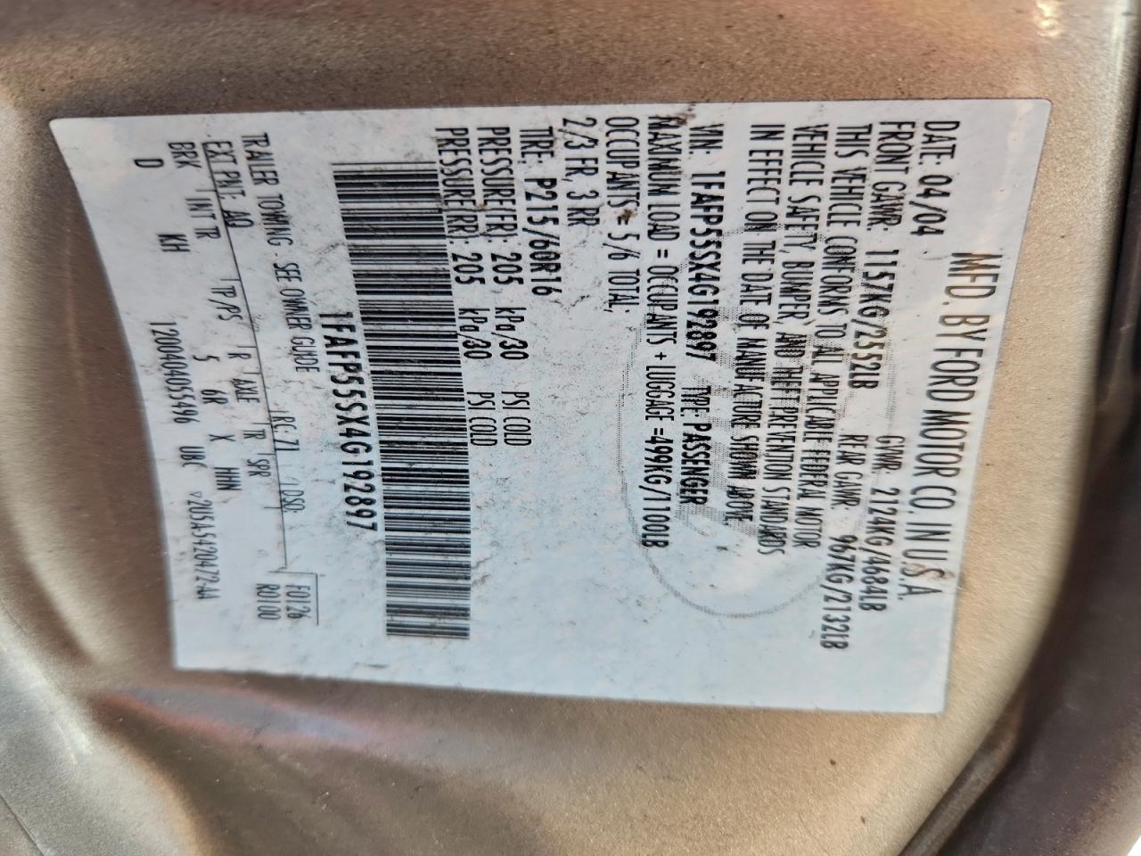 2004 Ford Taurus Ses VIN: 1FAFP55SX4G192897 Lot: 94961005