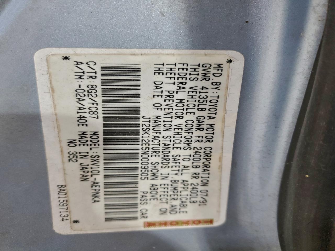 1992 Toyota Camry Le VIN: JT2SK12E5N0009505 Lot: 96627535