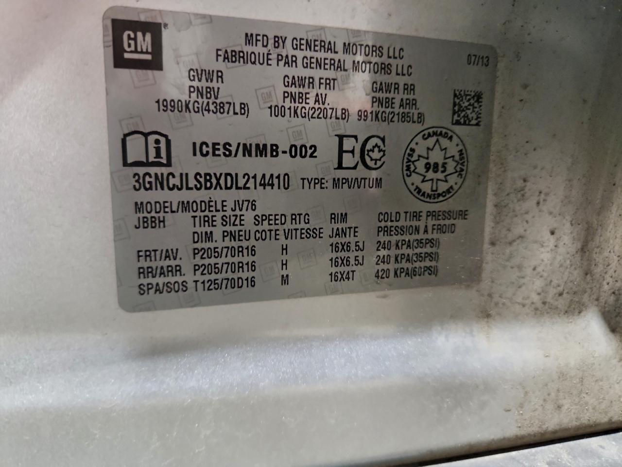 2013 Chevrolet Trax 1Lt VIN: 3GNCJLSBXDL214410 Lot: 95208095