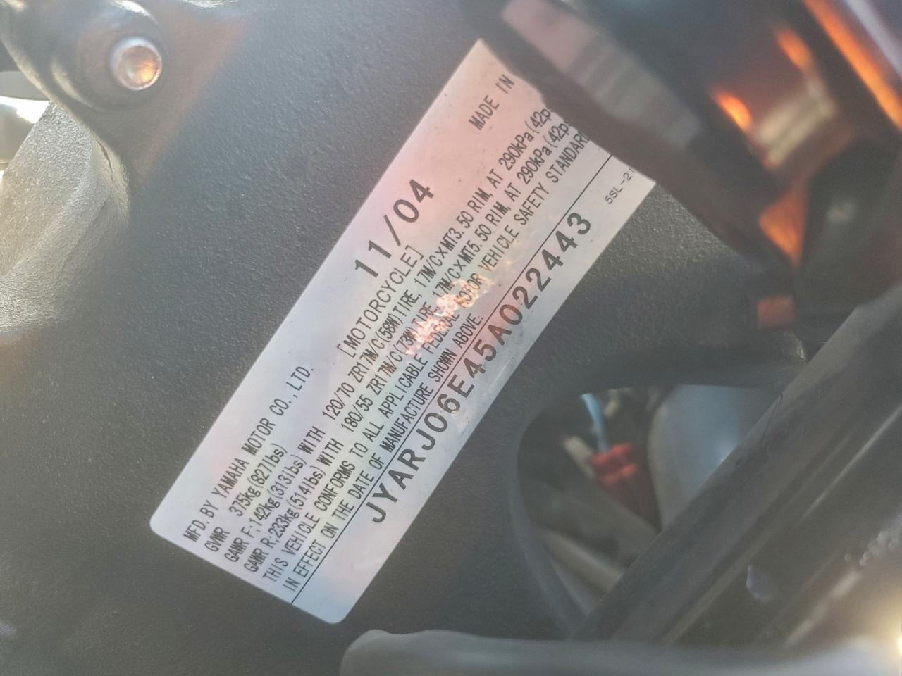 2005 Yamaha Yzfr6 L VIN: JYARJ06E45A022443 Lot: 95693515