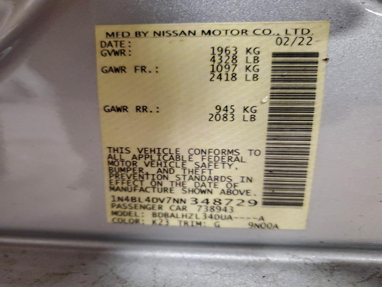 2022 Nissan Altima Sv VIN: 1N4BL4DV7NN348729 Lot: 96835195