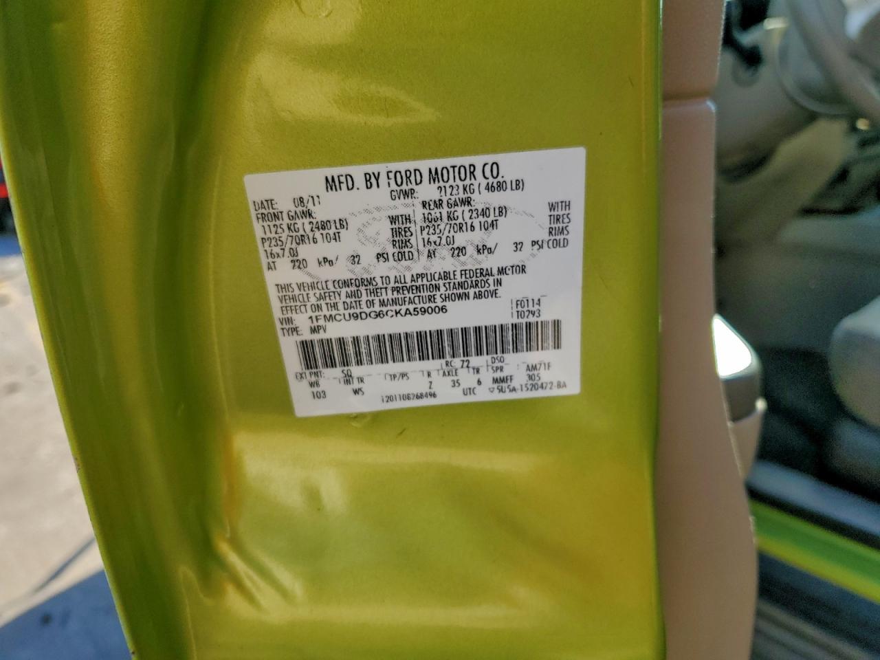 2012 Ford Escape Xlt VIN: 1FMCU9DG6CKA59006 Lot: 97602045