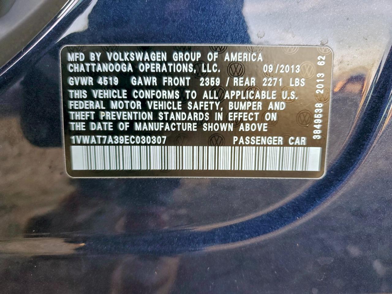 2014 Volkswagen Passat S VIN: 1VWAT7A39EC030307 Lot: 95159585