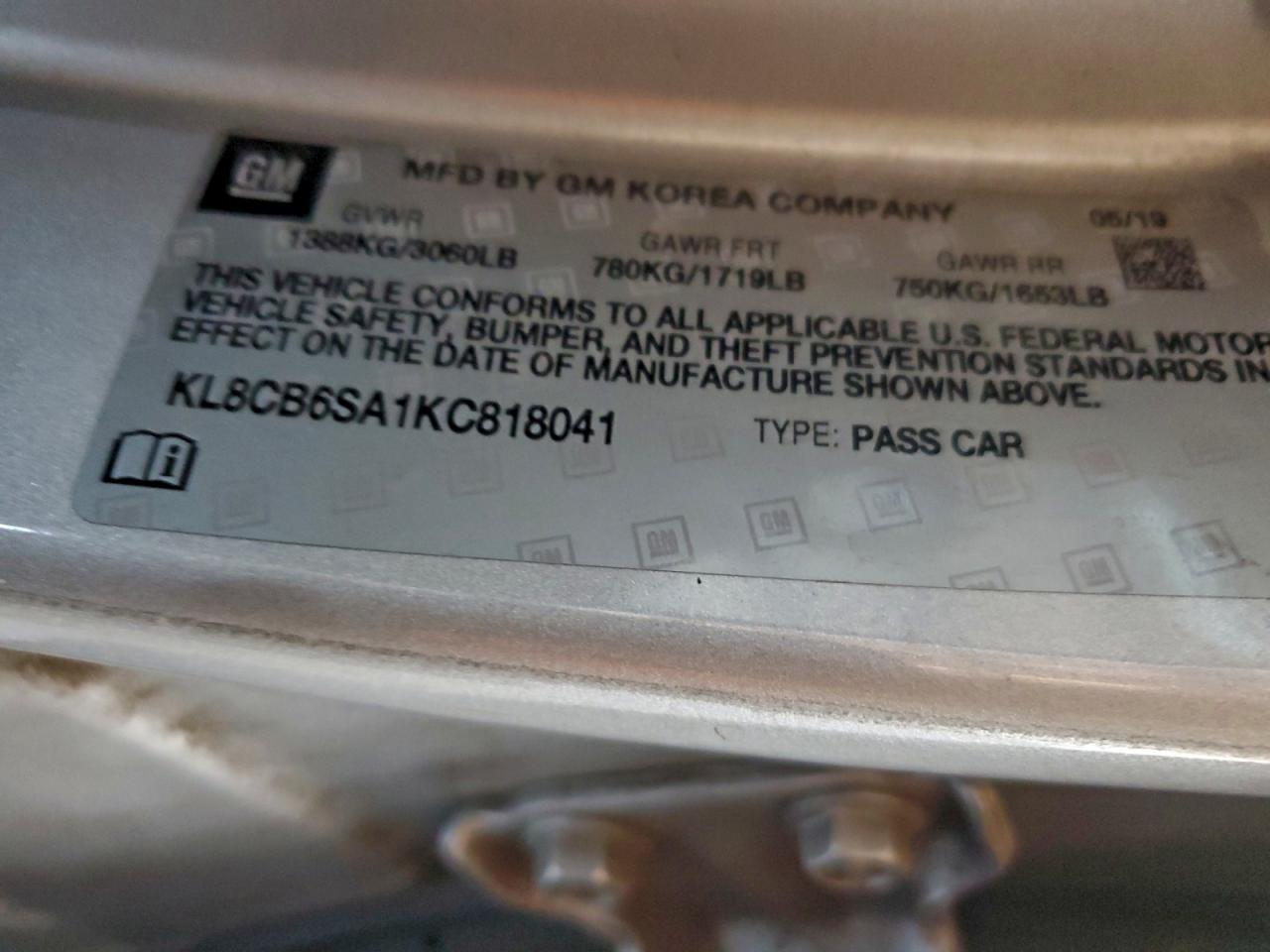 2019 Chevrolet Spark Ls VIN: KL8CB6SA1KC818041 Lot: 96275065