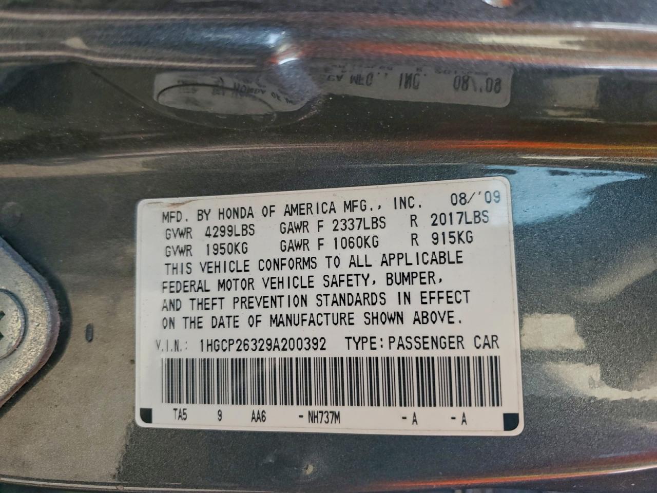 2009 Honda Accord Lx VIN: 1HGCP26329A200392 Lot: 95010615