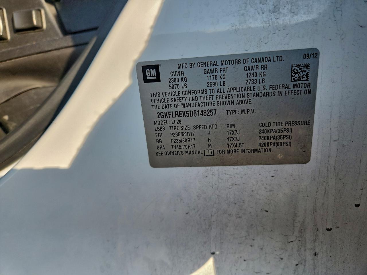 2013 GMC Terrain Sle VIN: 2GKFLREK5D6148257 Lot: 94574345