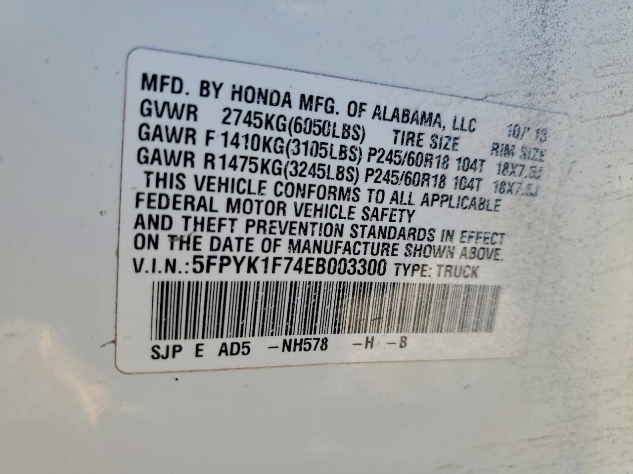 2014 Honda Ridgeline Sport VIN: 5FPYK1F74EB003300 Lot: 96384915