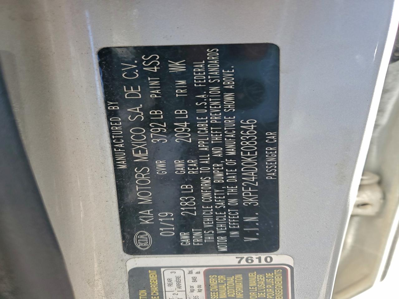 2019 Kia Forte Fe VIN: 3KPF24AD0KE083646 Lot: 94528505