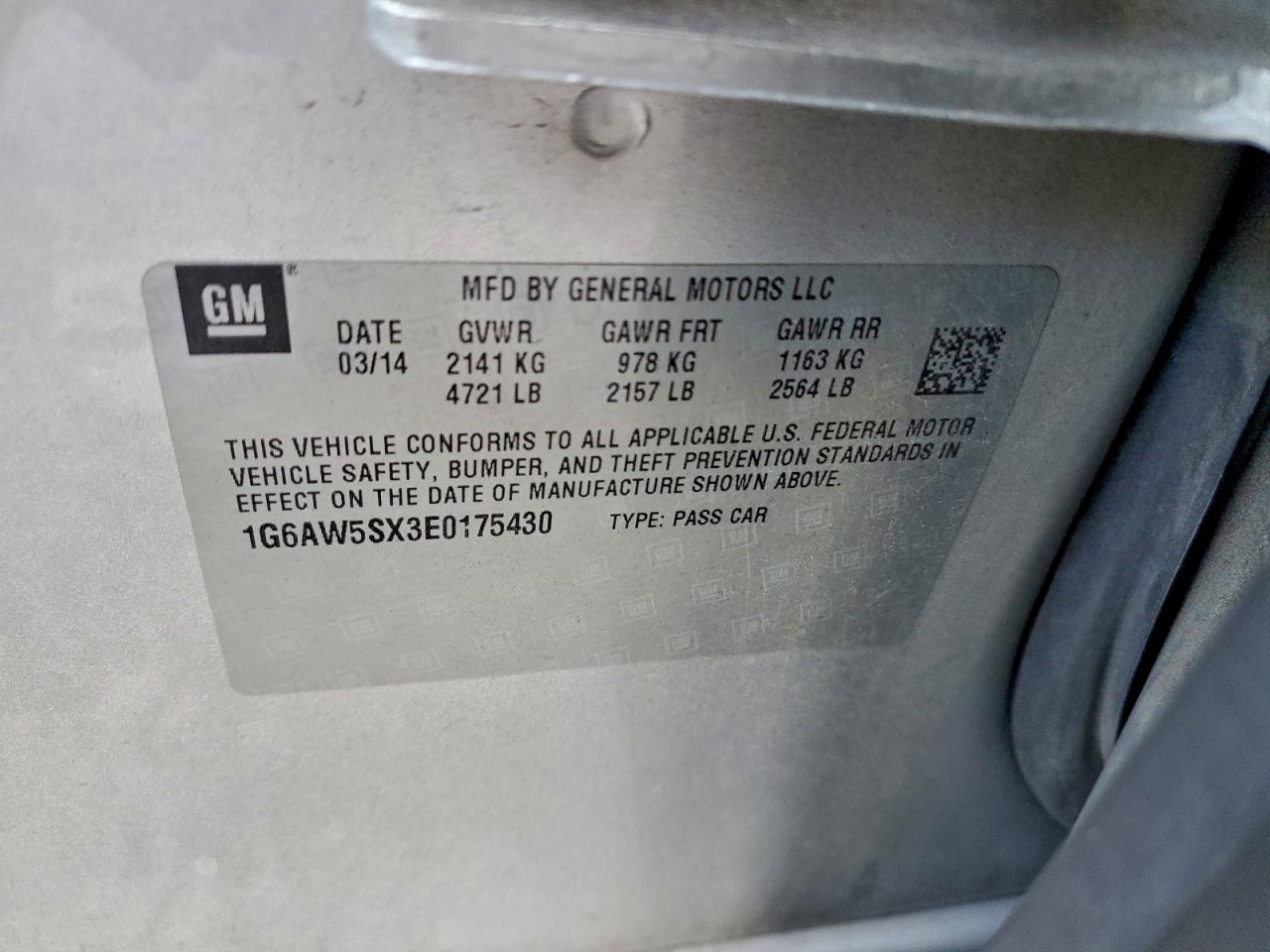 2014 Cadillac Cts VIN: 1G6AW5SX3E0175430 Lot: 95273335