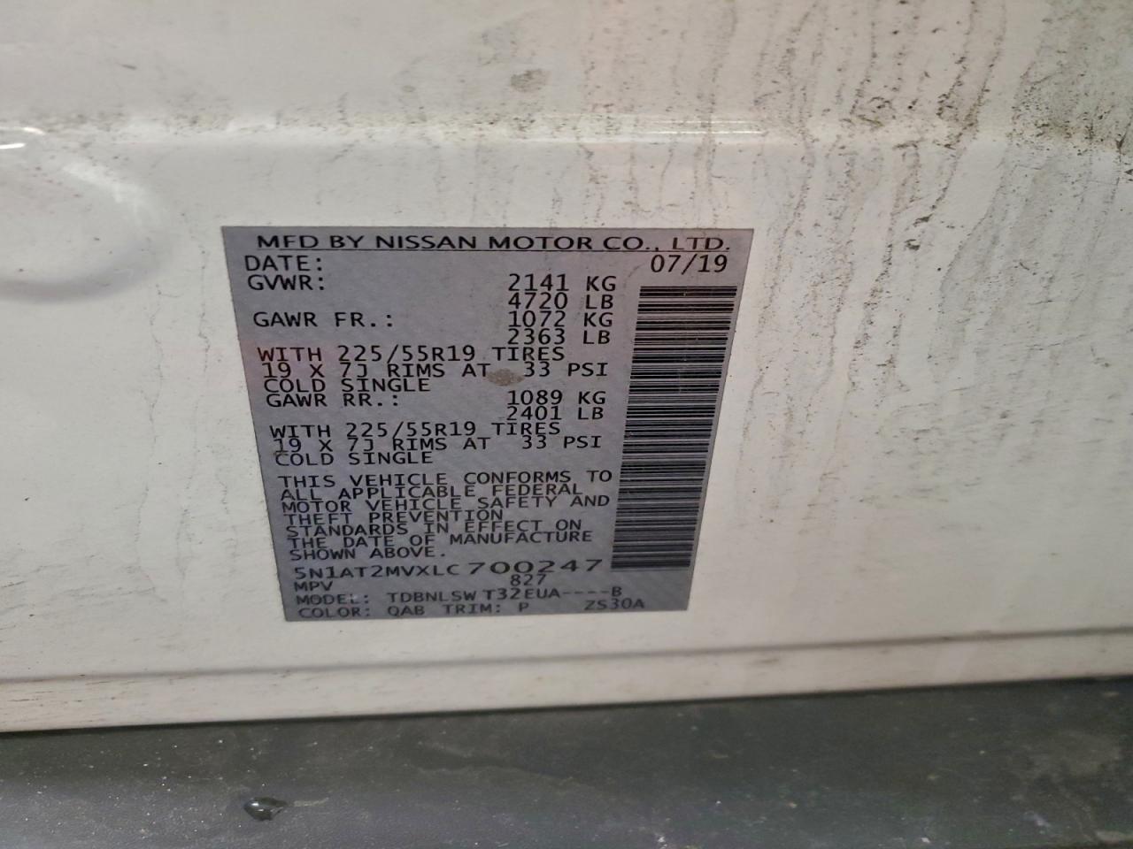 2020 Nissan Rogue S VIN: 5N1AT2MVXLC700247 Lot: 95787935