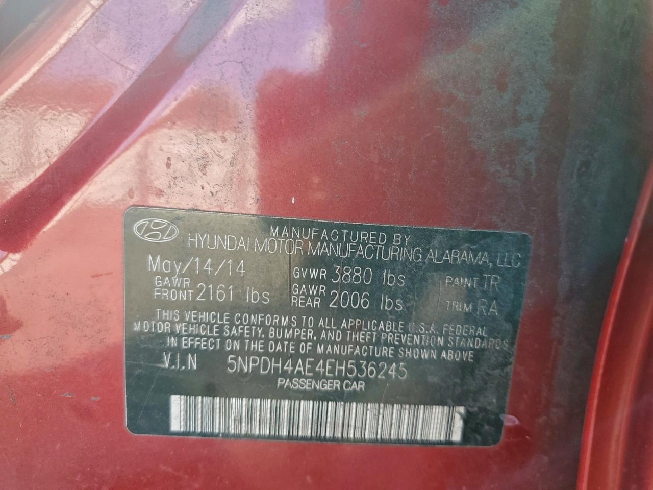 2014 Hyundai Elantra Se VIN: 5NPDH4AE4EH536245 Lot: 95536645