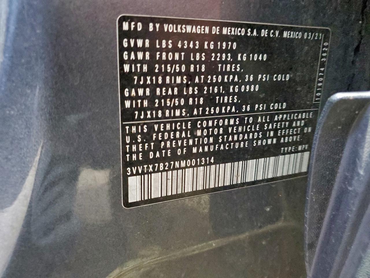 2022 Volkswagen Taos Se VIN: 3VVTX7B27NM001314 Lot: 94331695