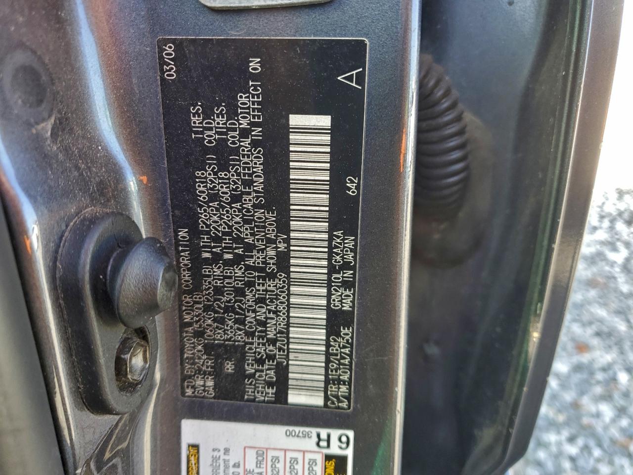 2006 Toyota 4Runner Limited VIN: JTEZU17R868060359 Lot: 93474675