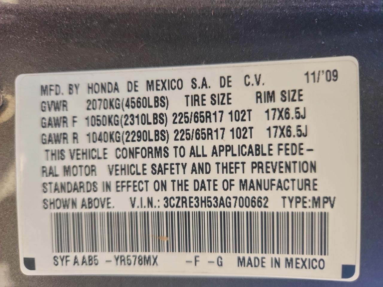 2010 Honda Cr-V Ex VIN: 3CZRE3H53AG700662 Lot: 96739885