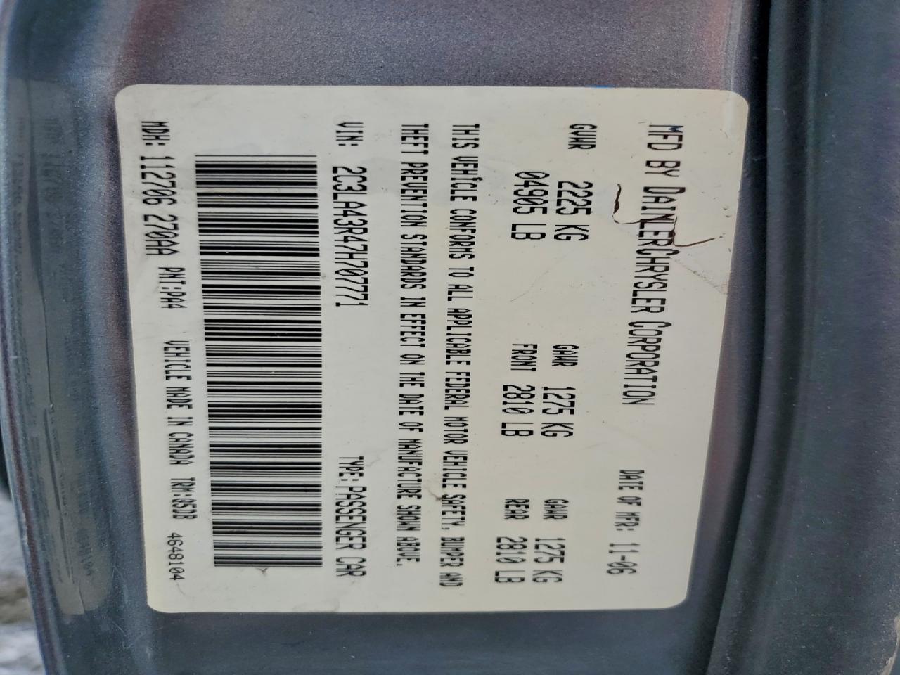 2007 Chrysler 300 VIN: 2C3LA43R47H707771 Lot: 96097035