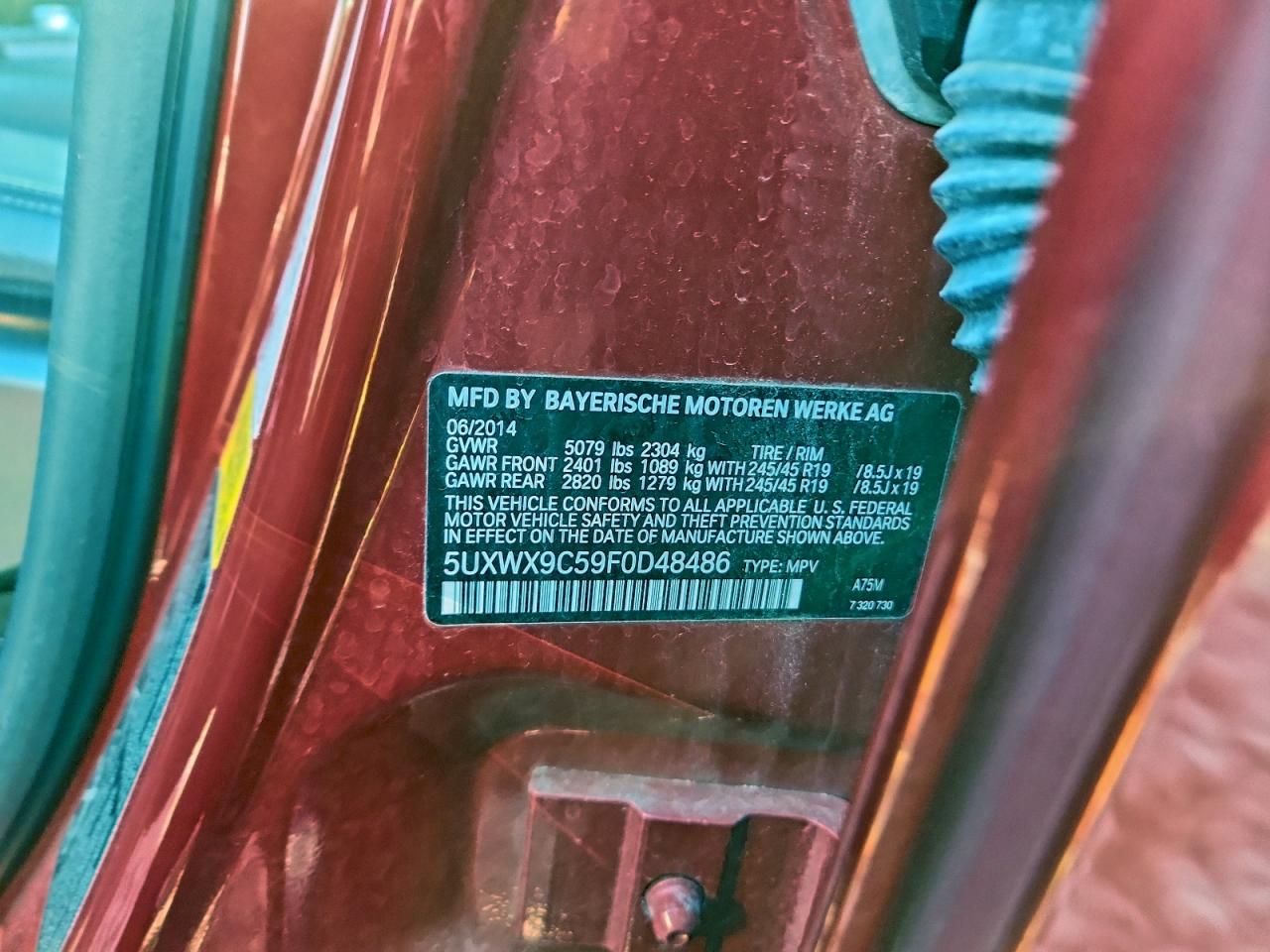 2015 BMW X3 xDrive28I VIN: 5UXWX9C59F0D48486 Lot: 96331765